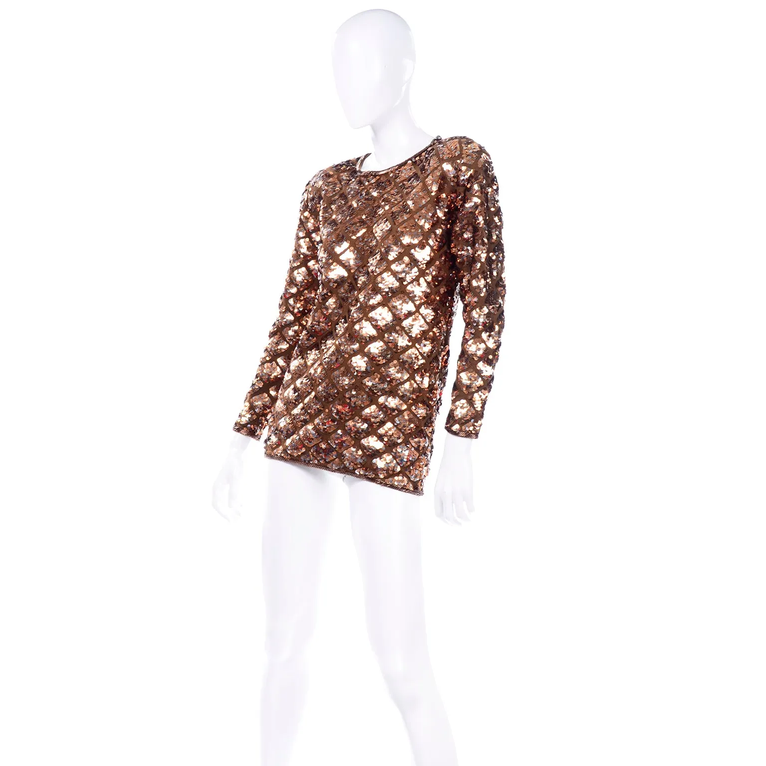 Vintage Copper Sequins Beaded Knit Pullover Sweater Top