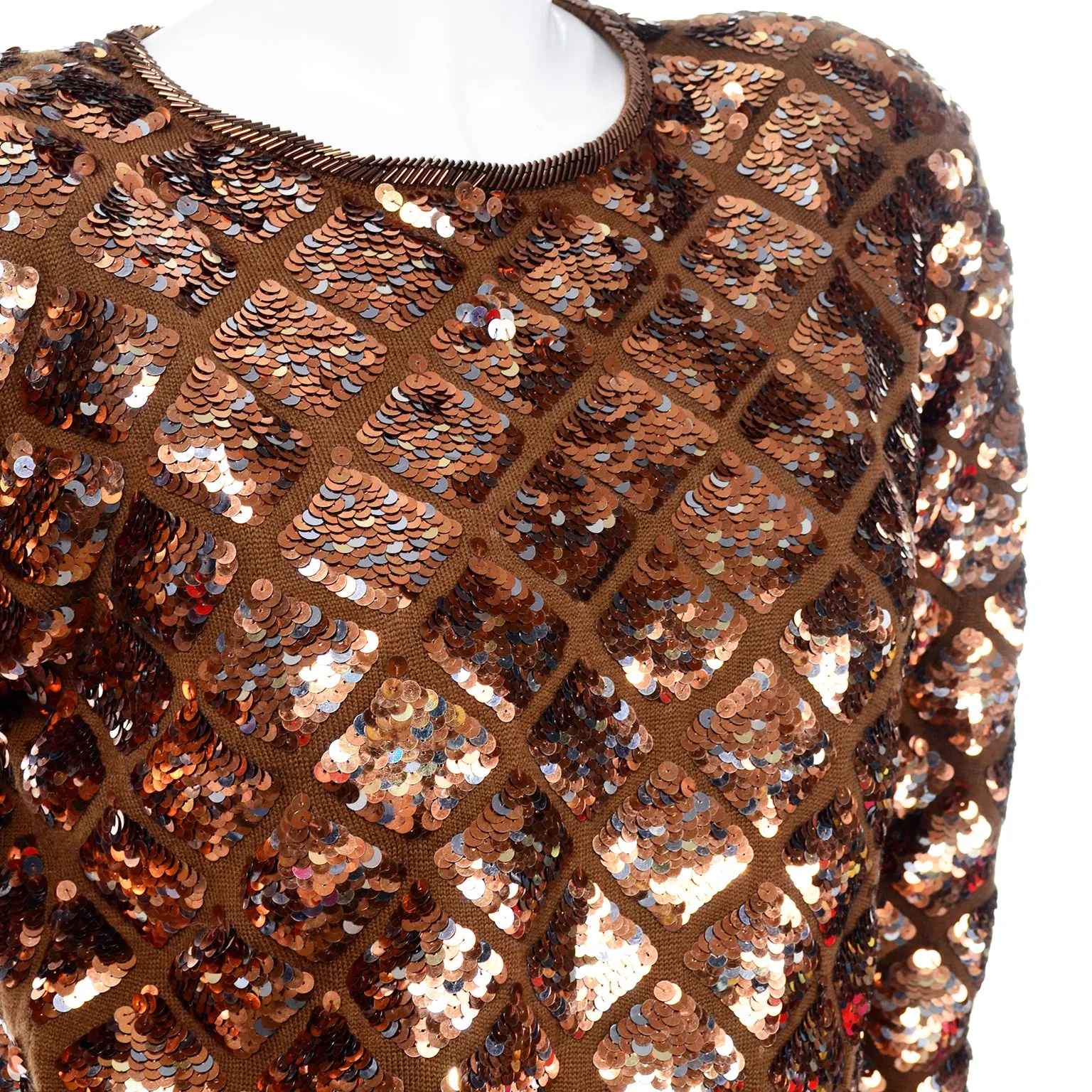 Vintage Copper Sequins Beaded Knit Pullover Sweater Top