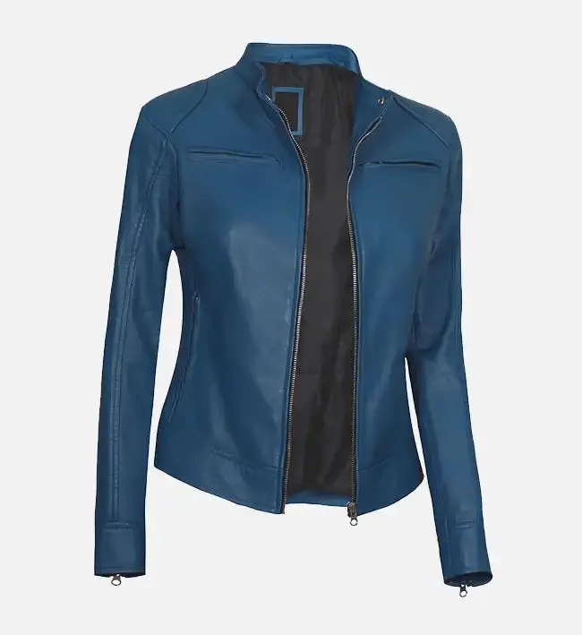 Women’s Blue Cafe Racer Leather Jacket