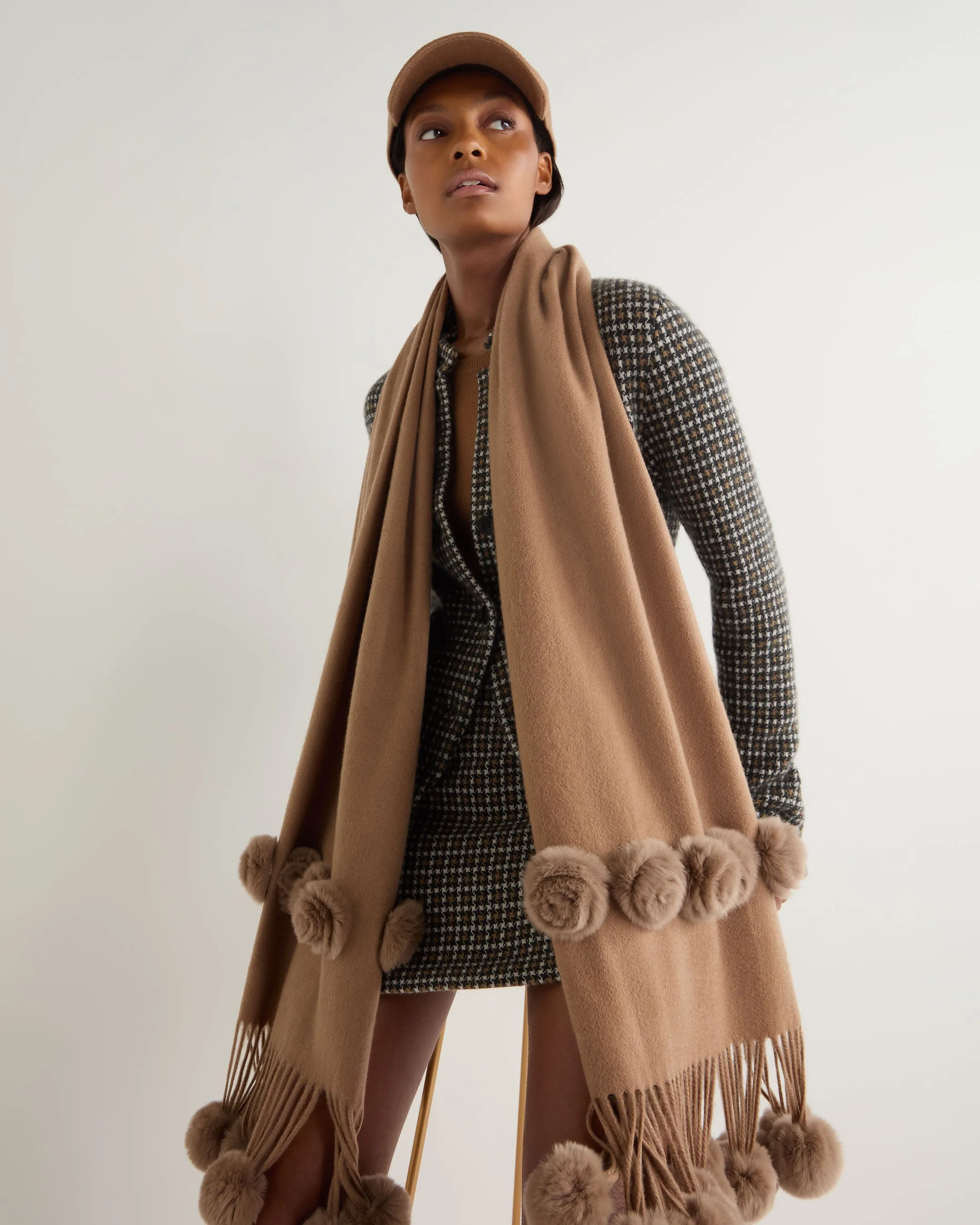 Women's Davos Fur Bobble Woven Shawl Dark Tan Brown