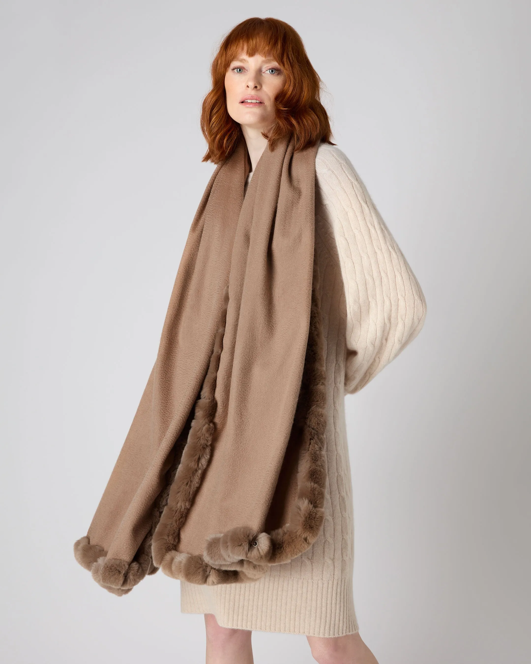 Women's Meribel Woven Fur Trim Cashmere Shawl Dark Tan Brown